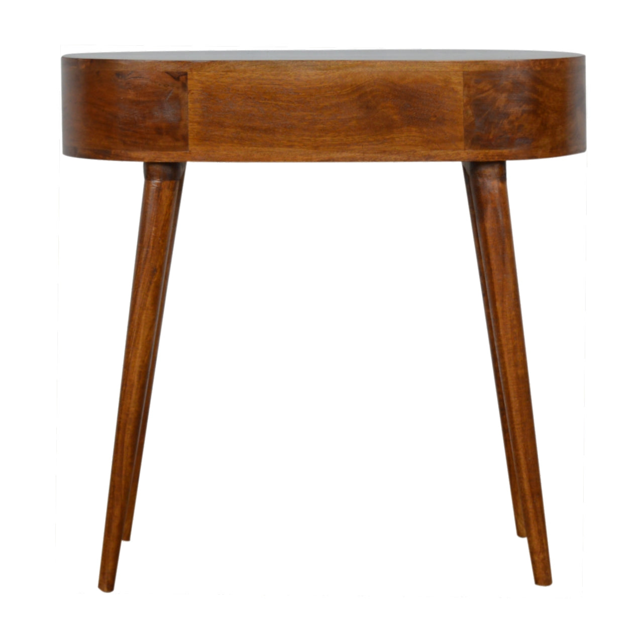 Solid wood console table with midcentury modern tapered legs and rounded edges
