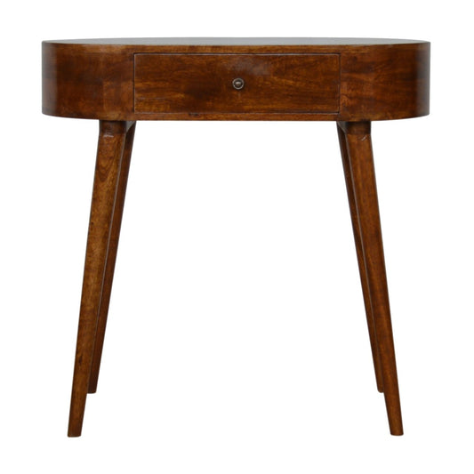 Midcentury modern walnut wood console table with curved front and tapered legs