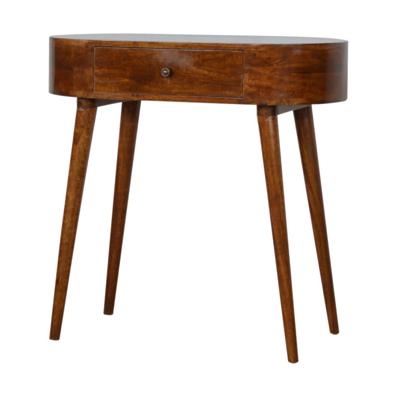 Oval walnut wood console table with tapered legs and single drawer