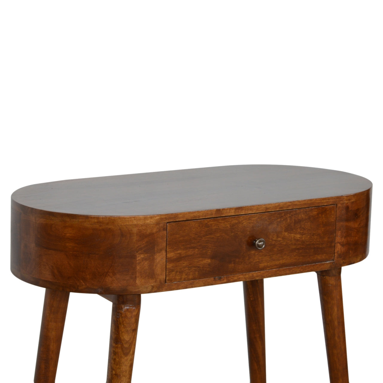 Oval dark wood console table with tapered legs and one drawer