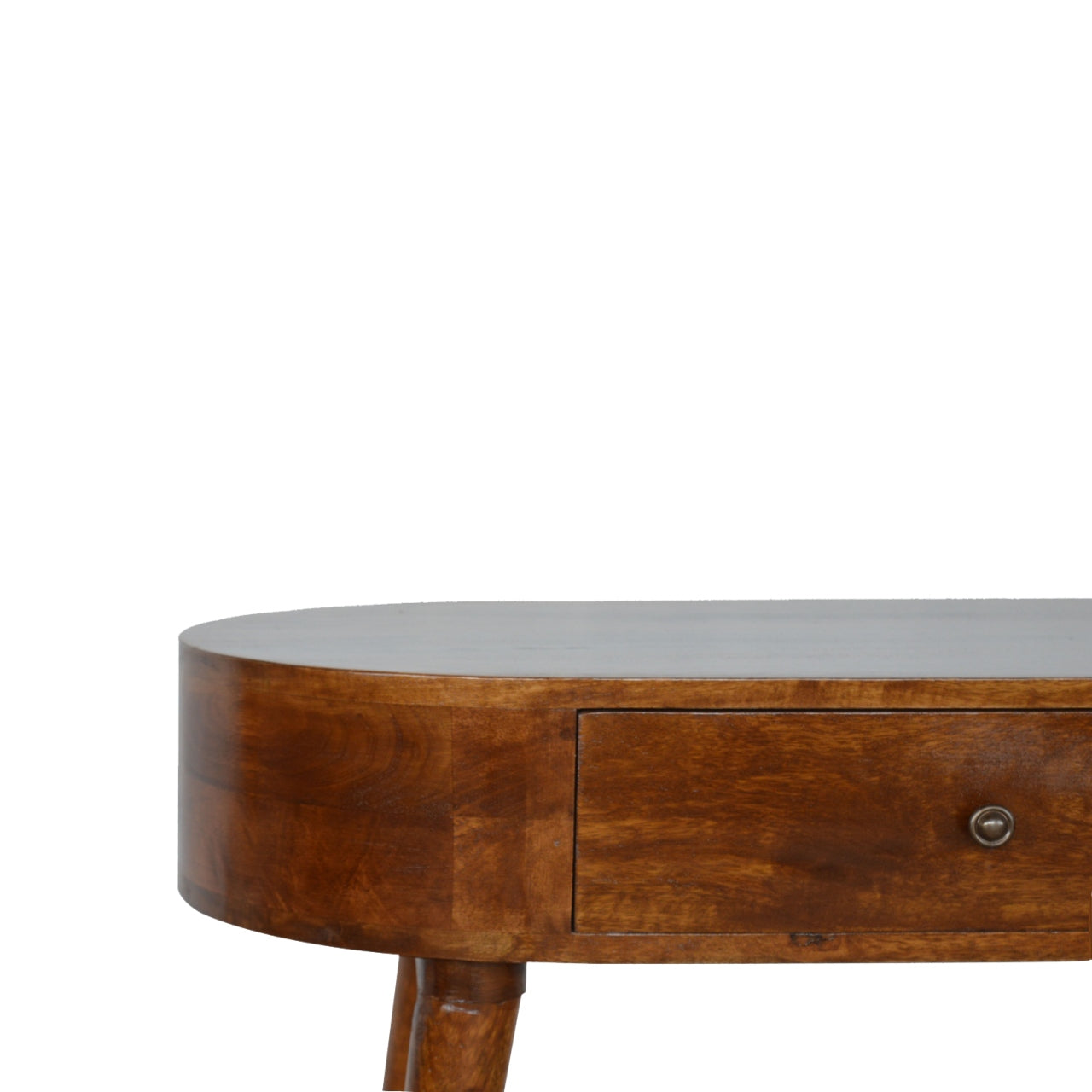 Wooden console table with a single drawer and antique brass pull