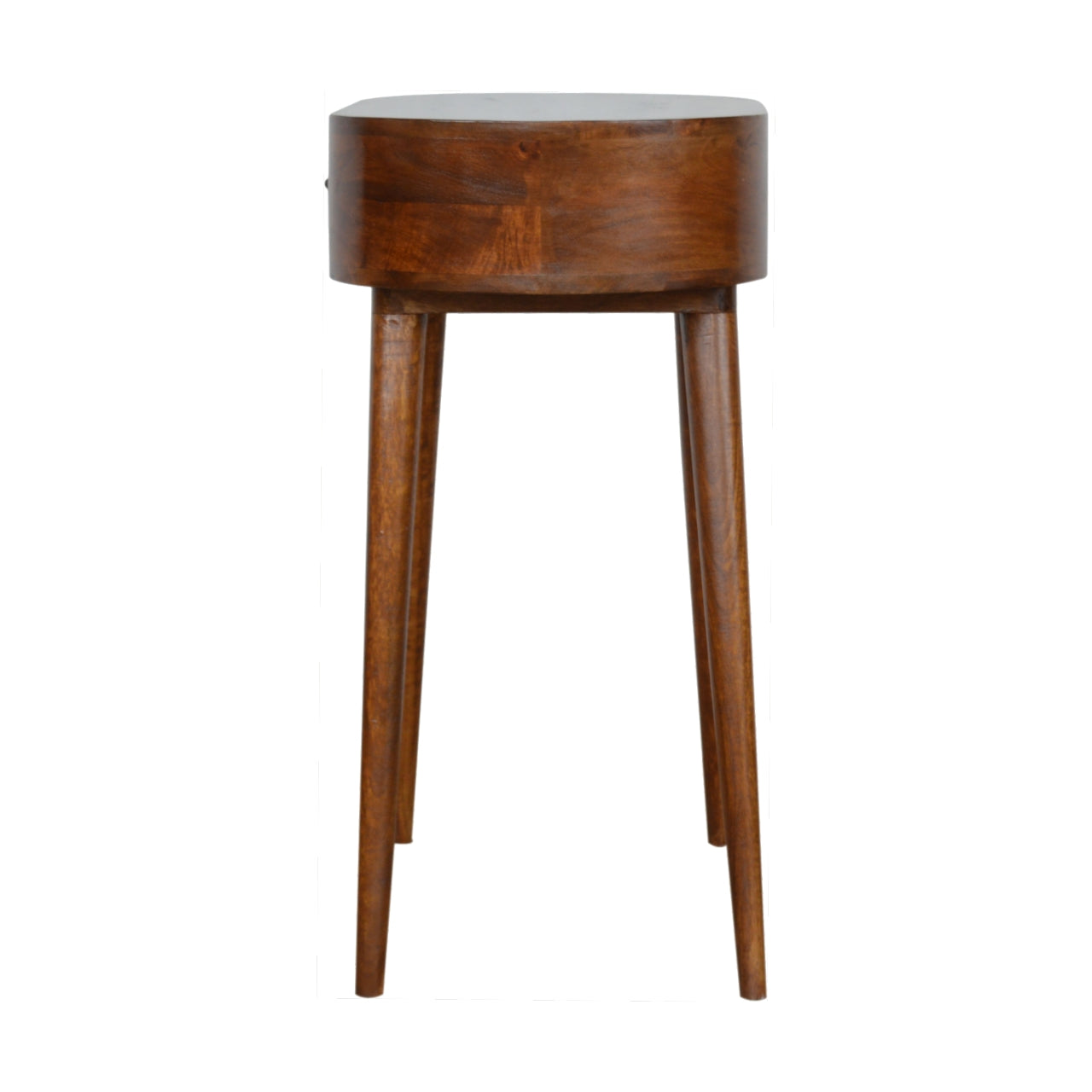 Round wooden accent table with tapered legs midcentury modern style