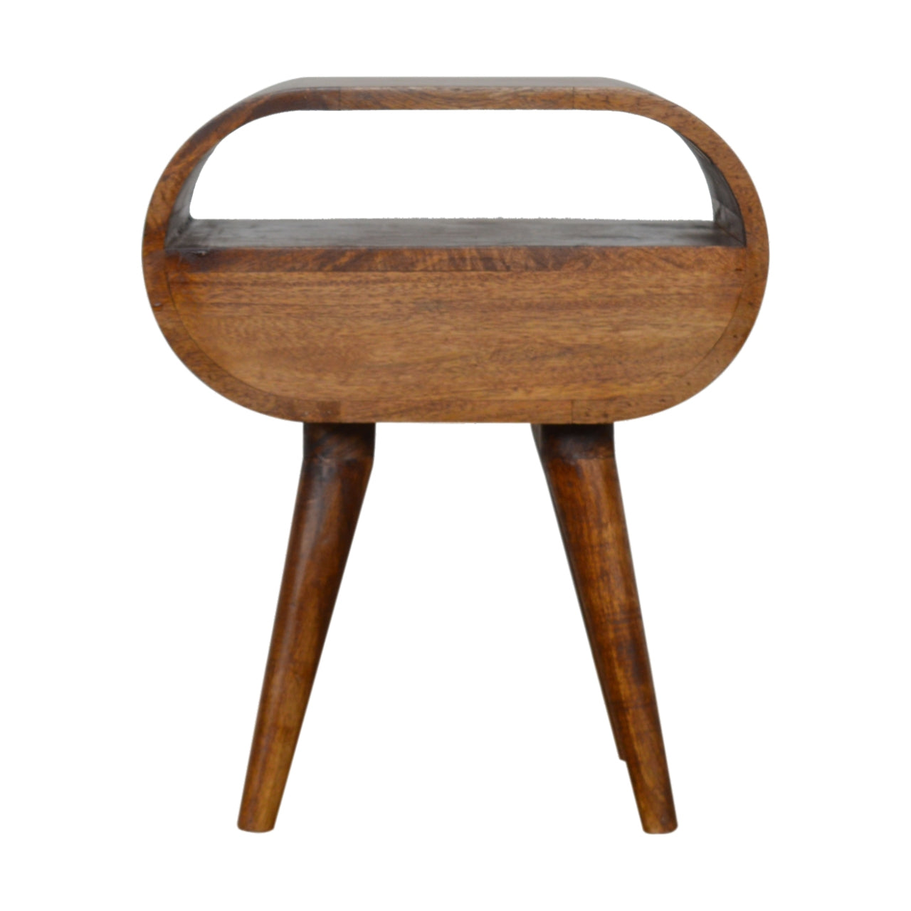 Wooden bedside table with two shelves and tapered legs