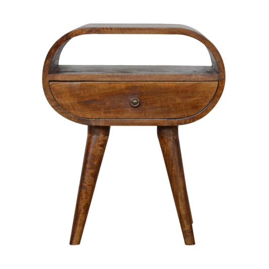 Retro wooden bedside table with one drawer and curved handle detail