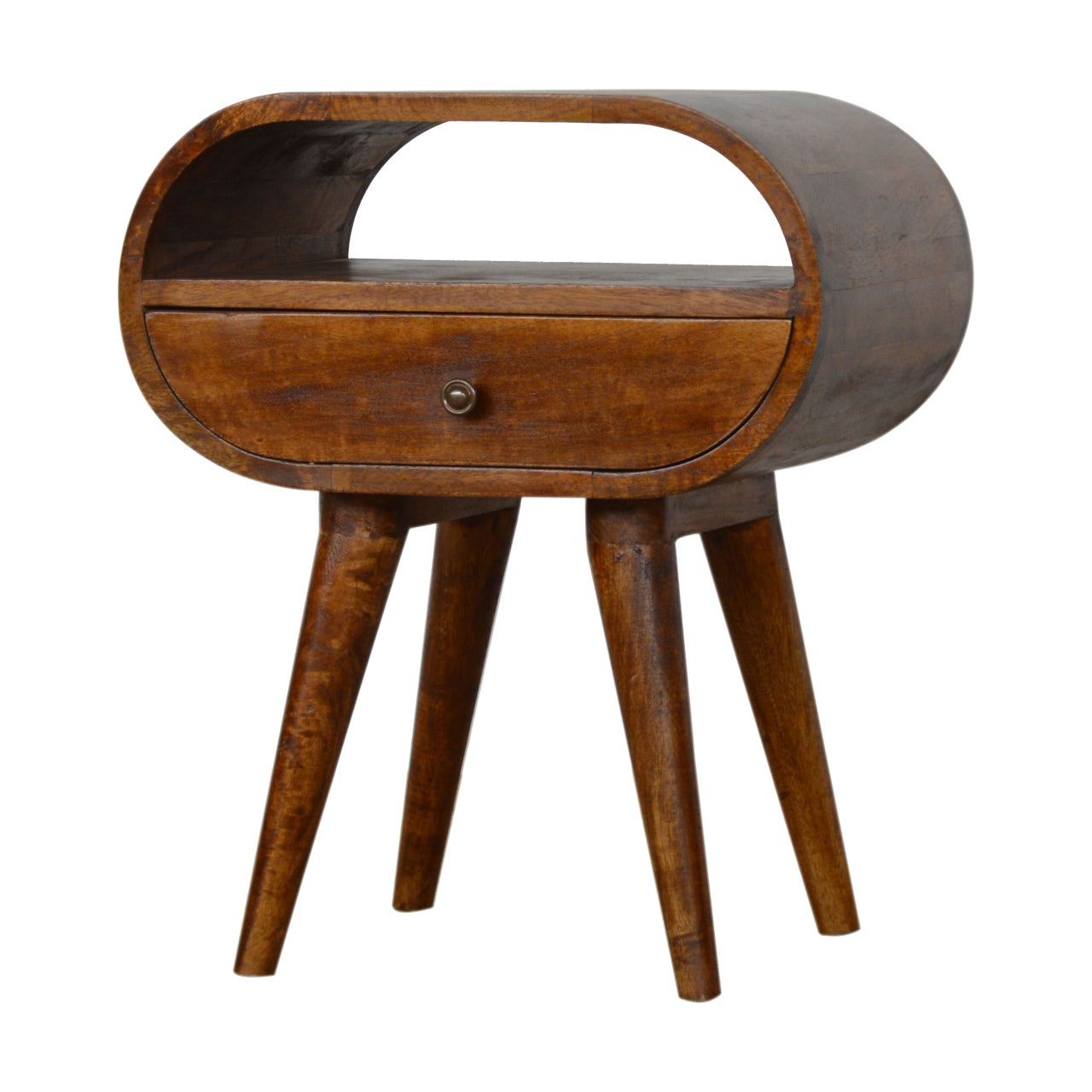Oval wooden bedside table with curved top and single drawer midcentury modern style