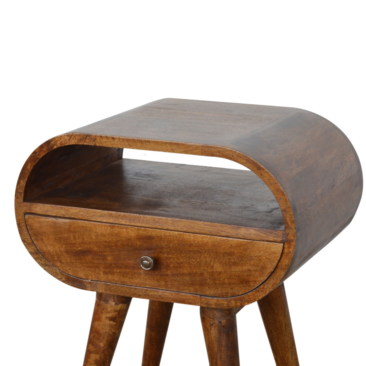 Curved walnut wood bedside table with open shelf and single drawer