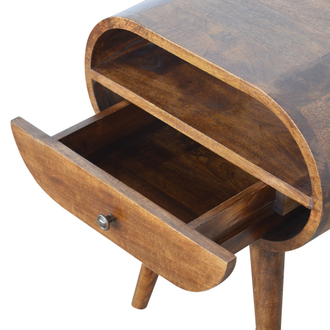 Dark wood oval bedside table with one open drawer and shelf