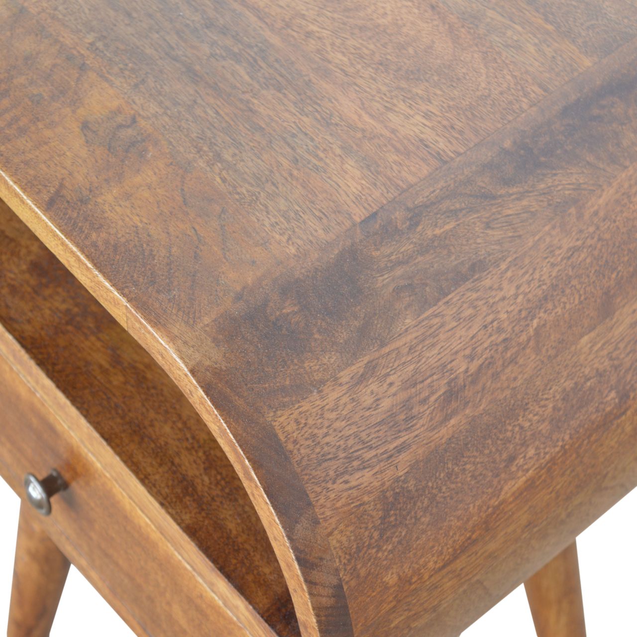 Curved wooden bedside table with a single drawer and metal knob