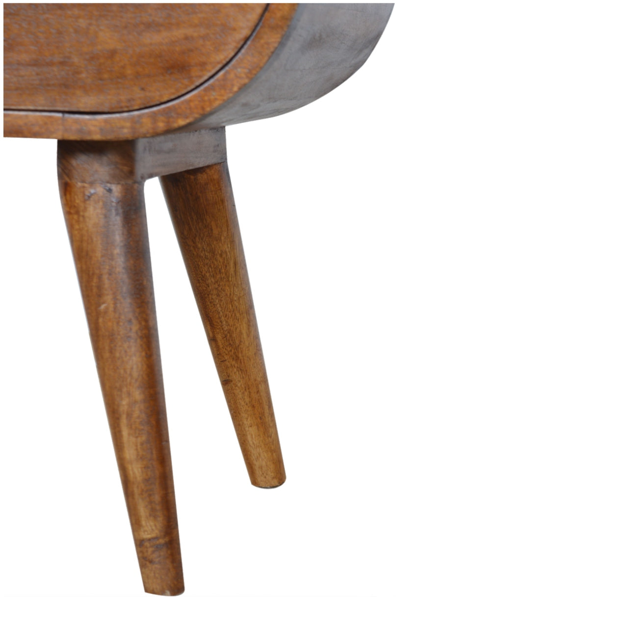Midcentury modern side table with tapered wooden legs and smooth rounded drawer front