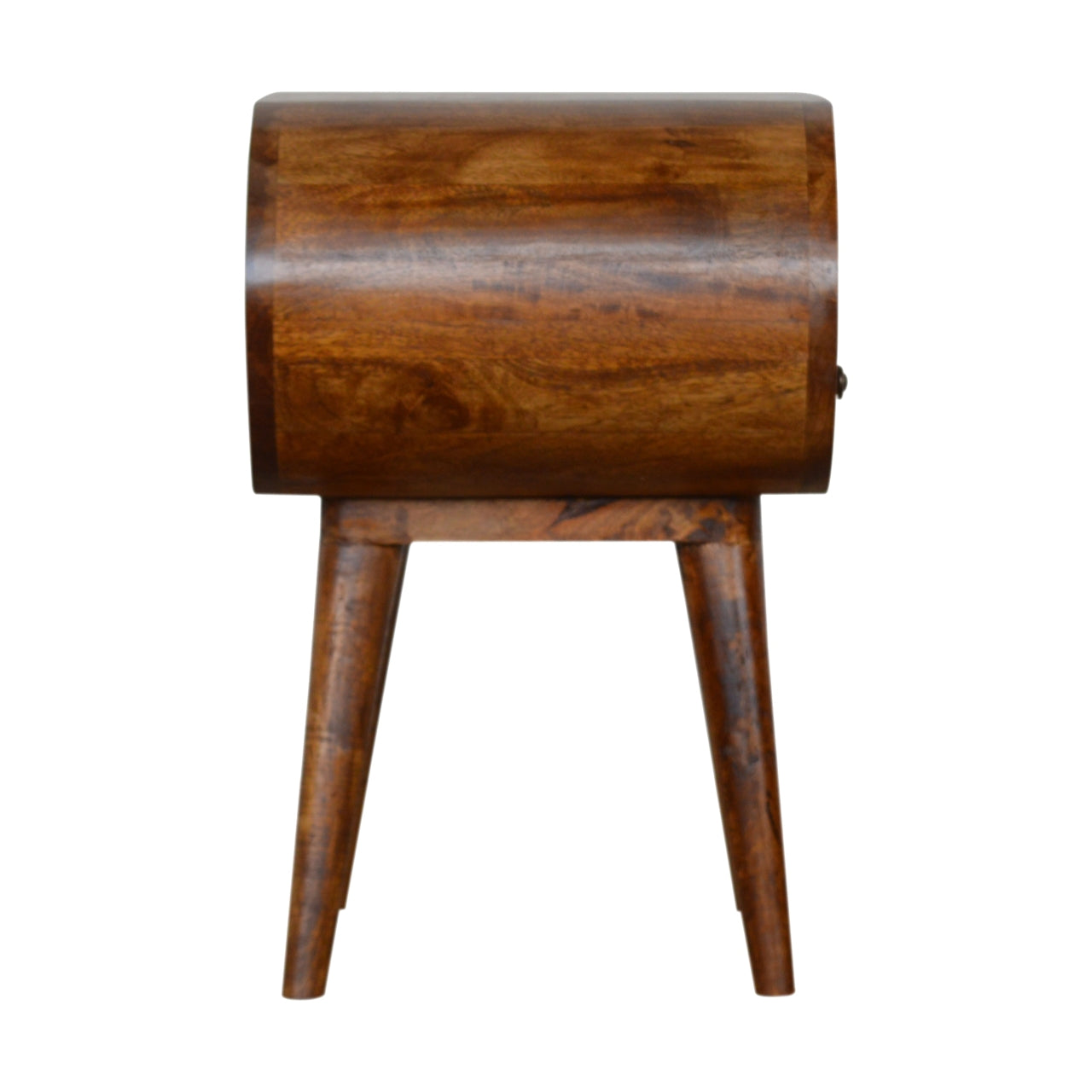 Curved dark wood bedside table with tapered legs perfect for modern bedrooms