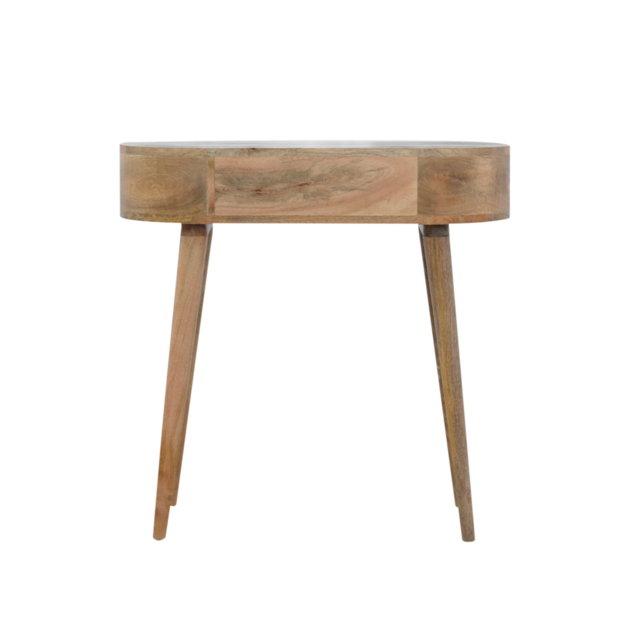 Round mango wood bedside table with angled legs and a single drawer