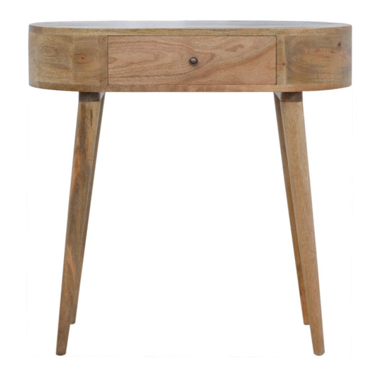 Natural wood oval console table with tapered legs and one drawer