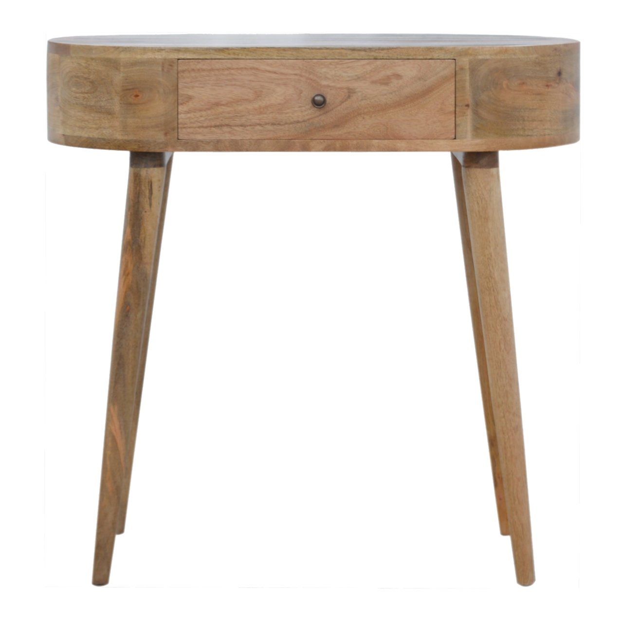 Solid mango wood oval console table with single drawer and tapered legs