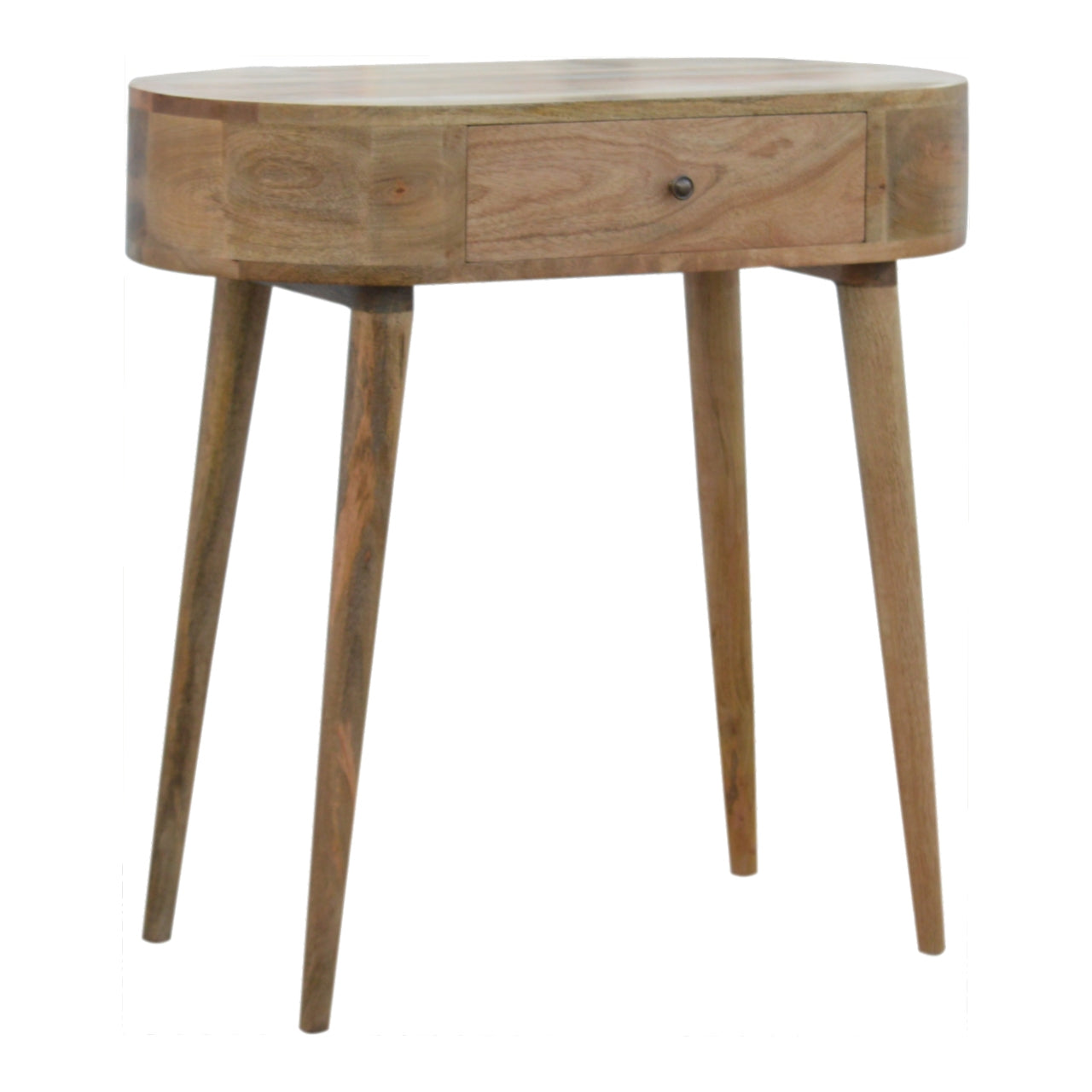 Oval mango wood side table with single drawer and tapered legs