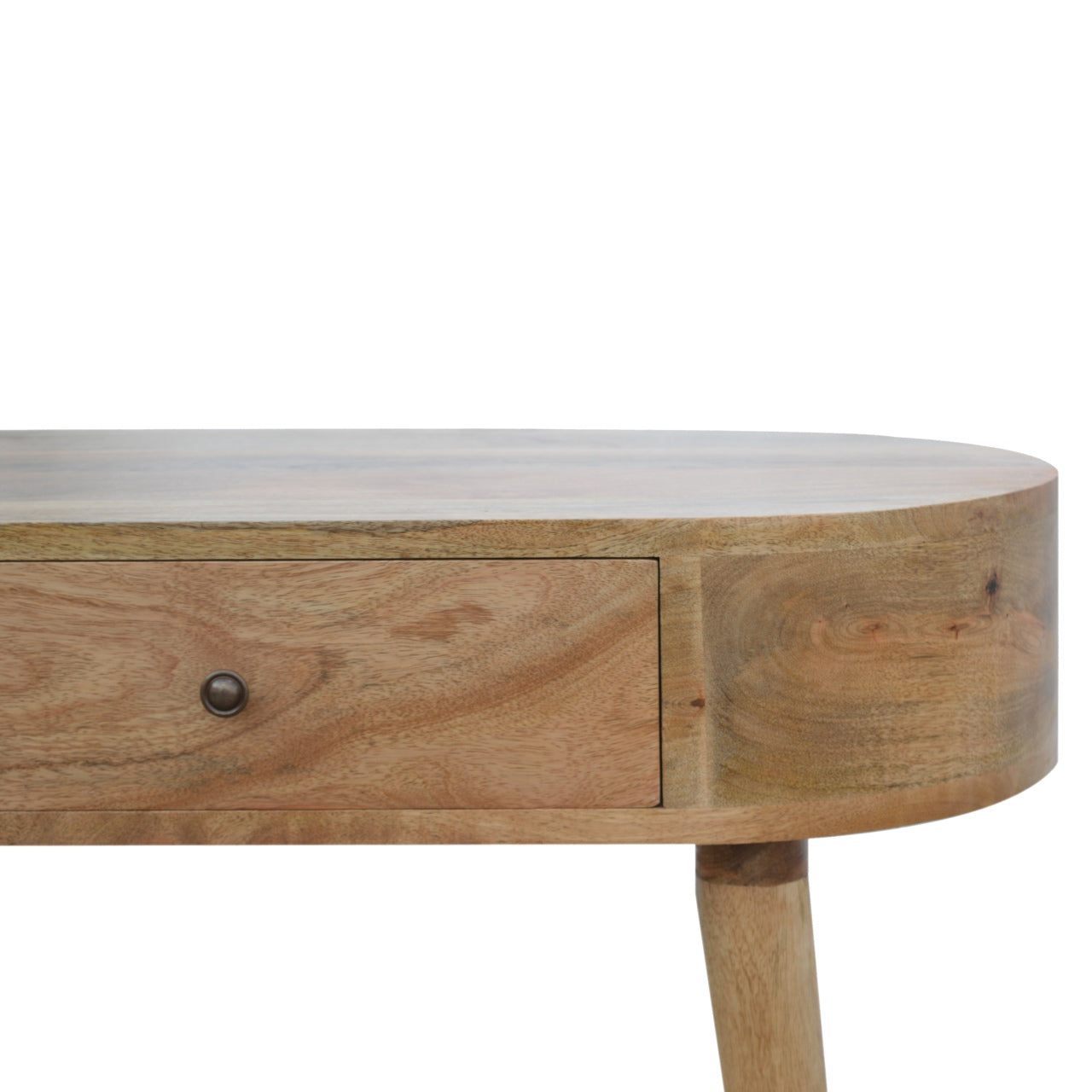 Natural wood desk with rounded edge and single drawer detail