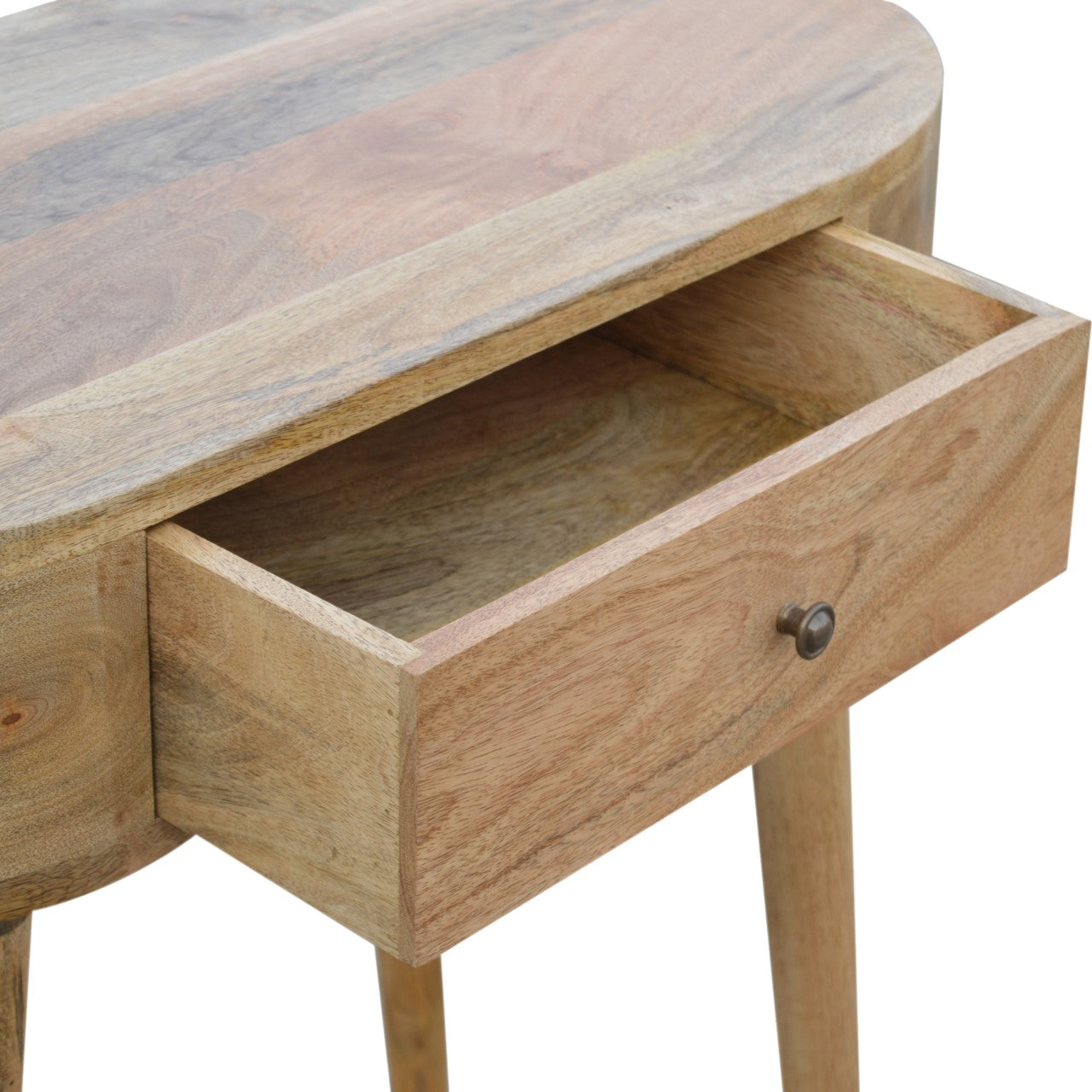 Natural wood console table with one open drawer and a single brass knob