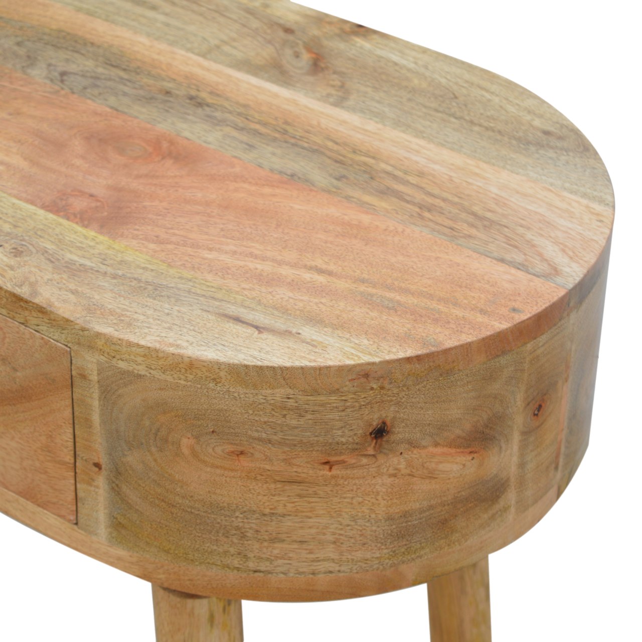 Solid mango wood oval side table with a natural finish and one drawer