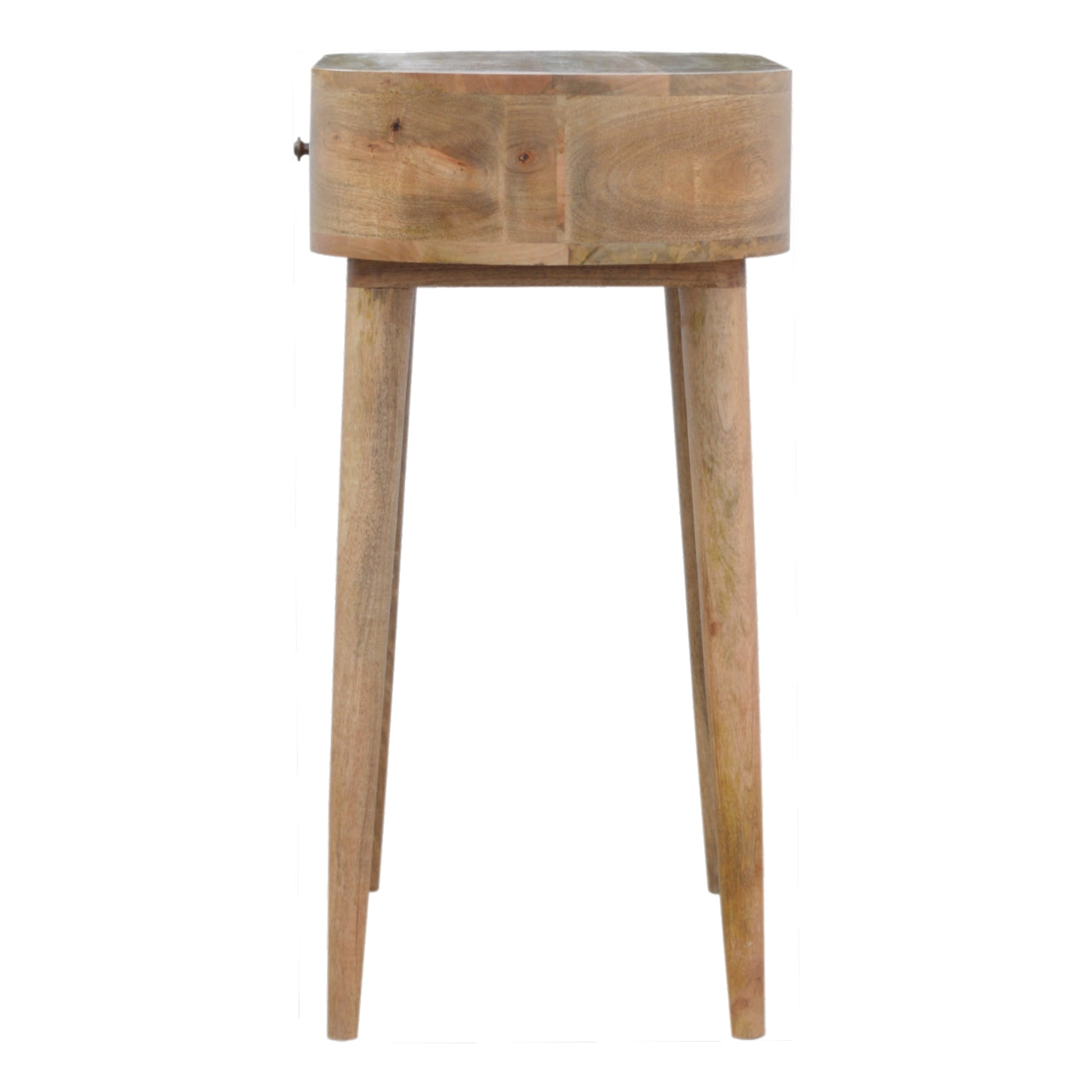 Round wooden console table with single drawer and tapered legs