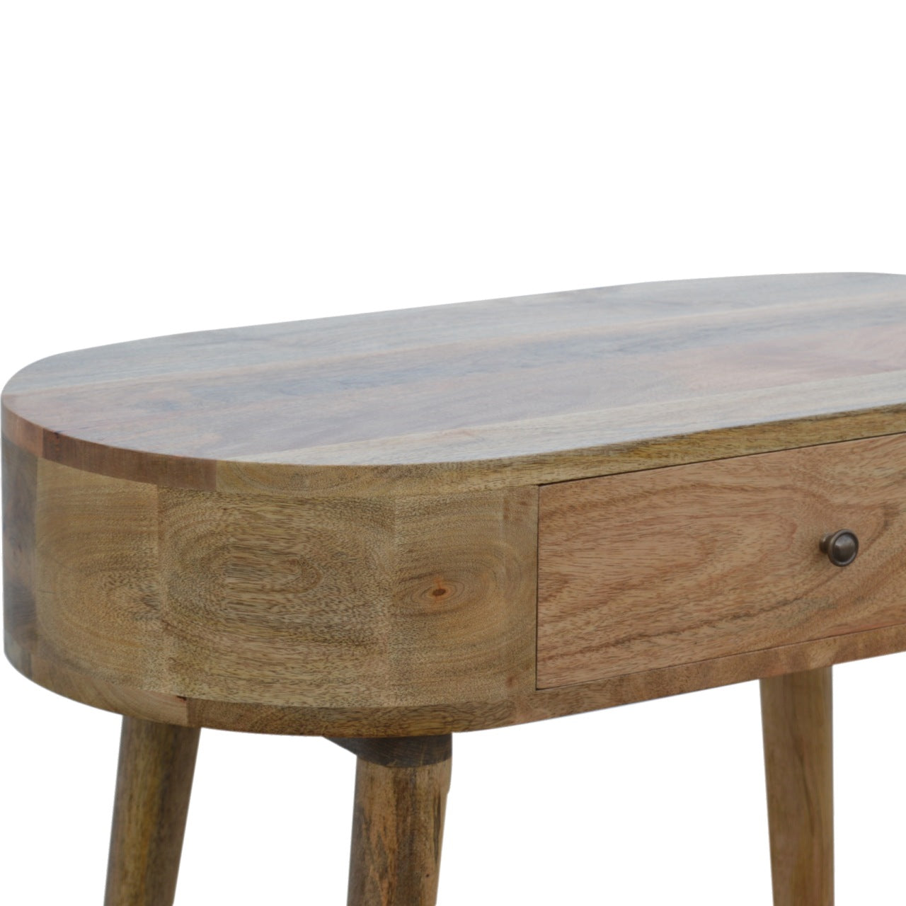 Solid wood oval bedside table with a single drawer and tapered legs