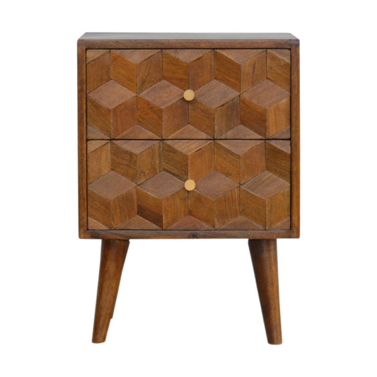 Geometric carved wood bedside table with two drawers and tapered legs