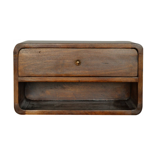 Dark wood floating nightstand with brass knob and open shelf