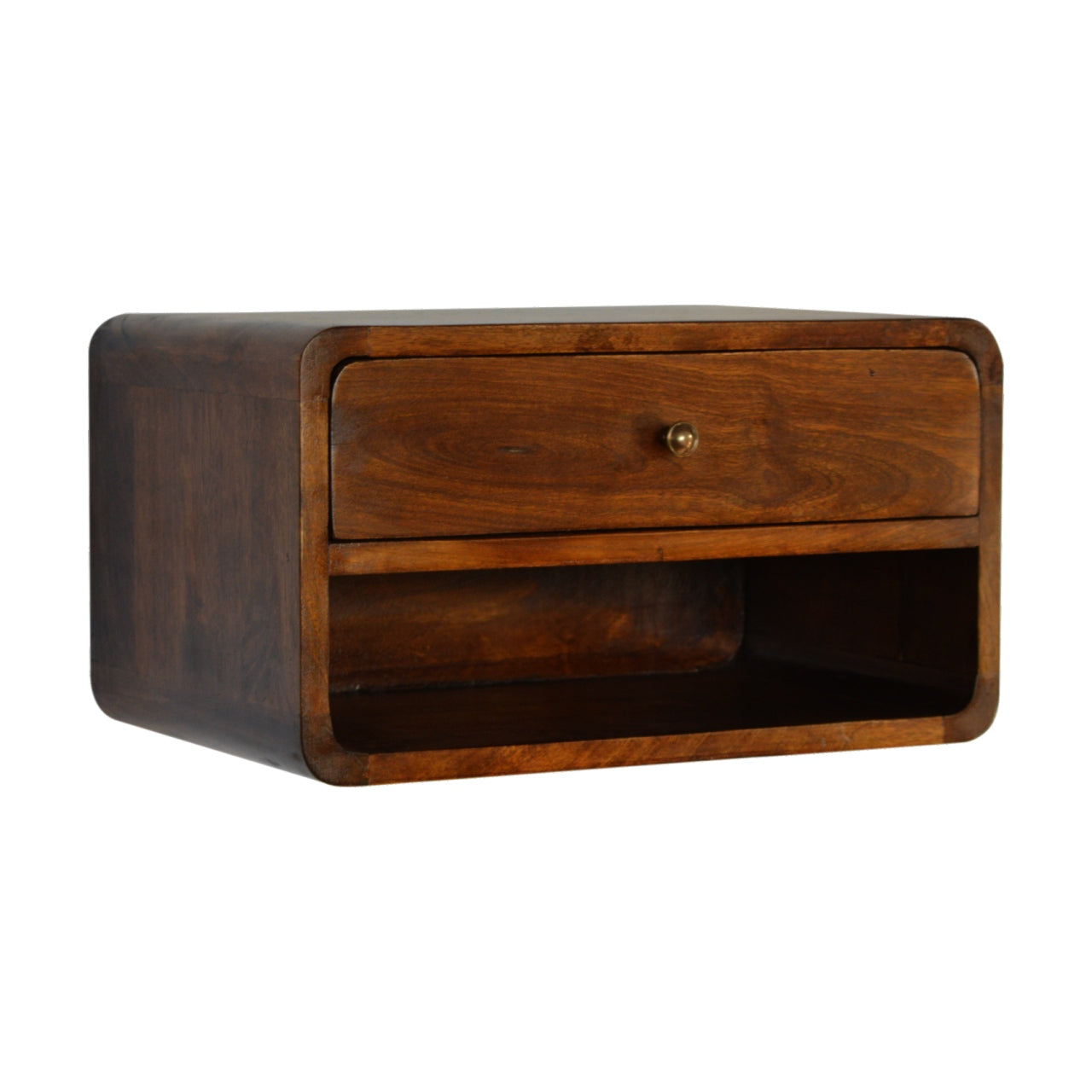 Dark wood bedside table with rounded edges and brass knob drawer modern design
