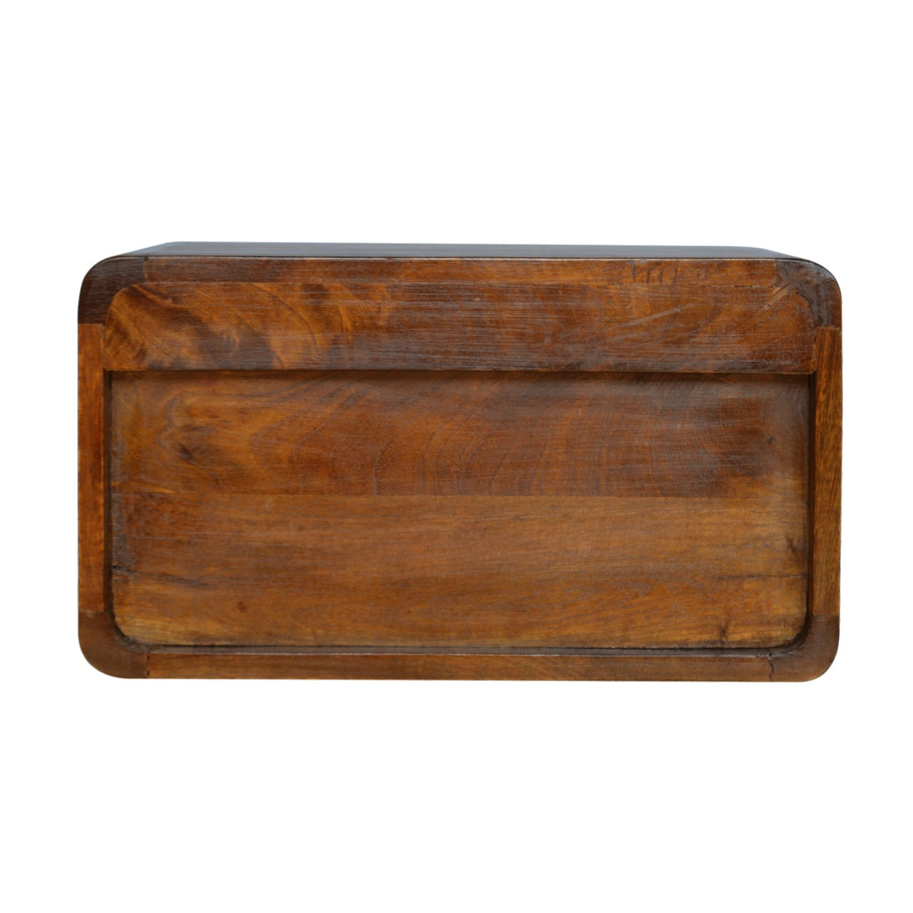 Solid dark wood vintage accent table with rounded edges and natural grain texture