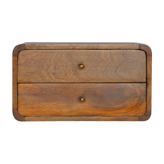 Solid wood bedside table with two drawers and brass knobs