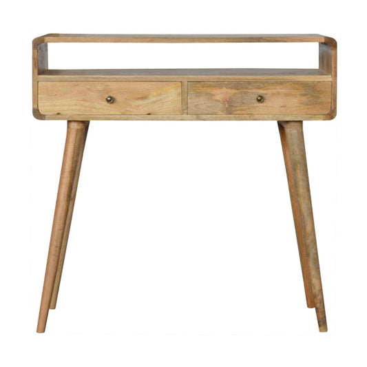 Solid mango wood console table with two drawers and open shelf