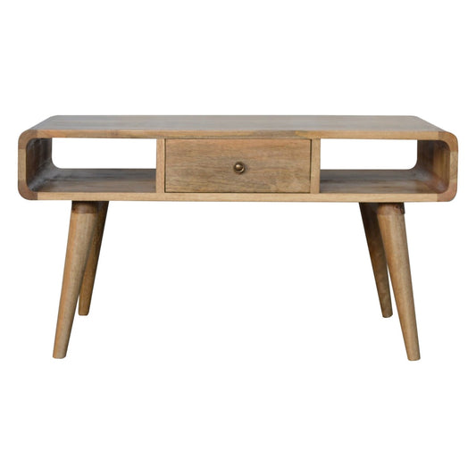 Midcentury modern wooden coffee table with one drawer and open shelf