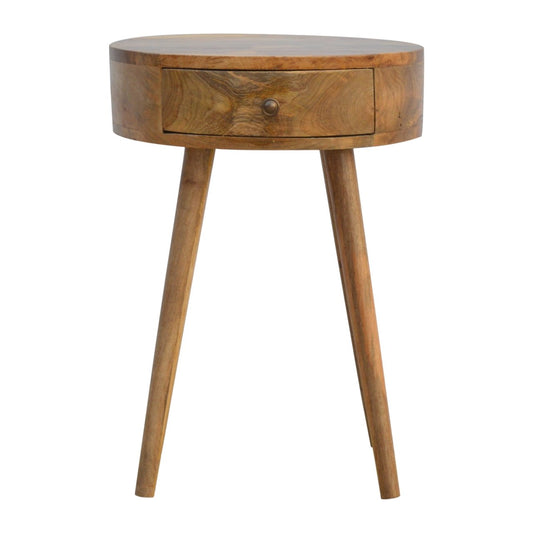 Round wooden side table with a single drawer and tapered legs