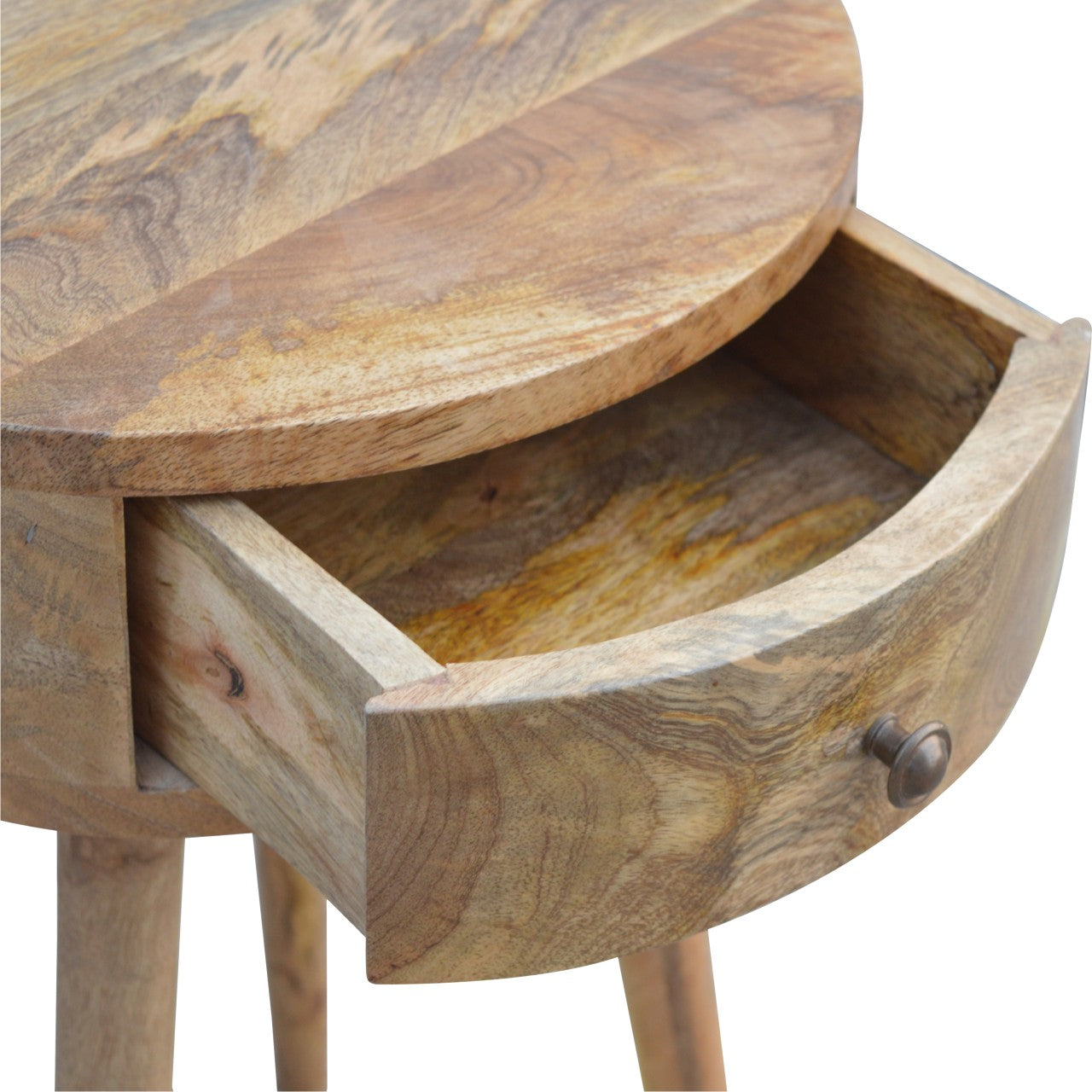 Natural wood round side table with open drawer showcasing rustic grain and bronze knob