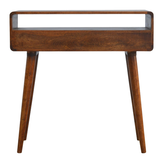 Midcentury modern side table with walnut finish and tapered legs