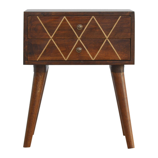 Dark wood bedside table with two drawers featuring gold geometric inlay pattern and tapered legs
