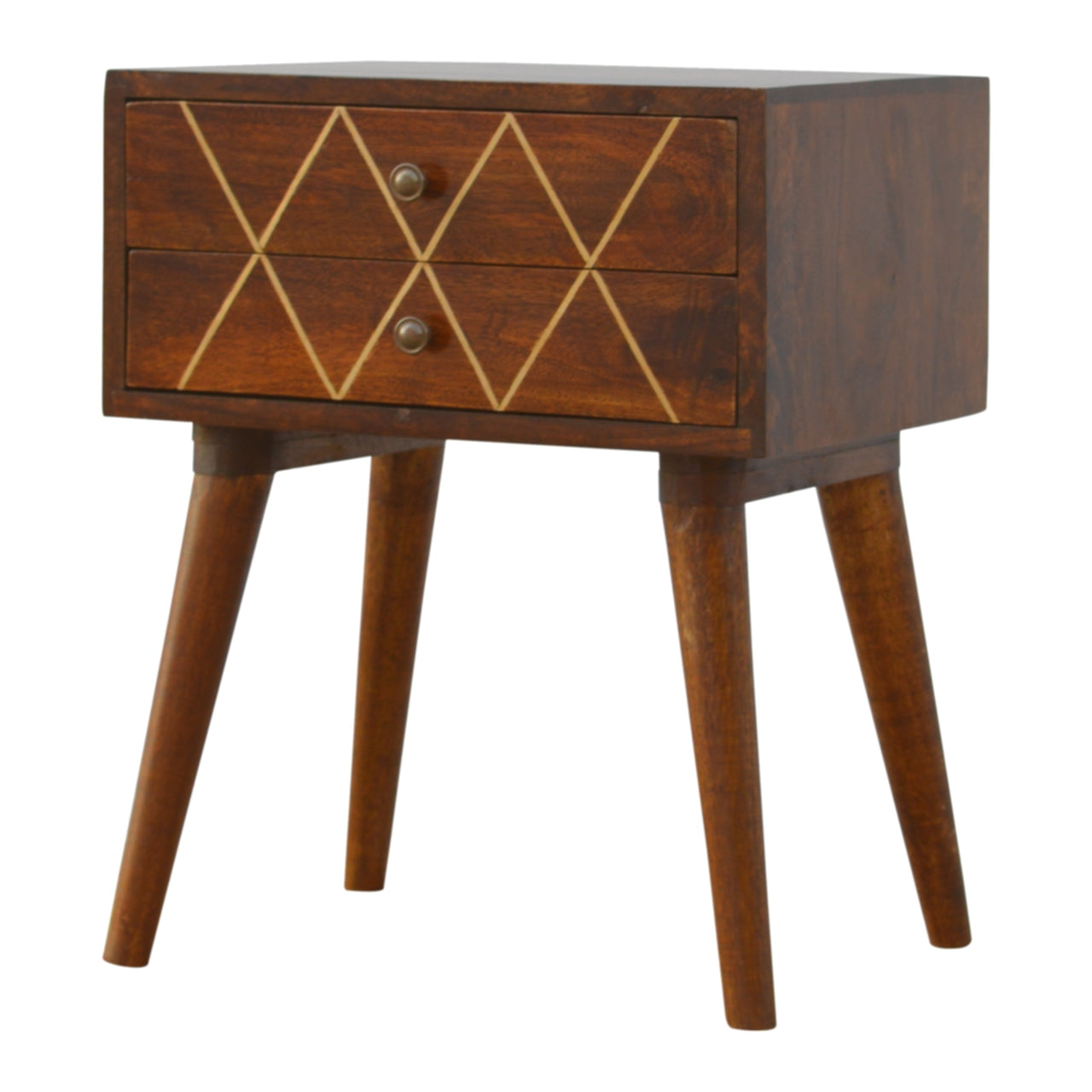 Solid wood bedside table with two drawers featuring a geometric inlaid design and tapered legs