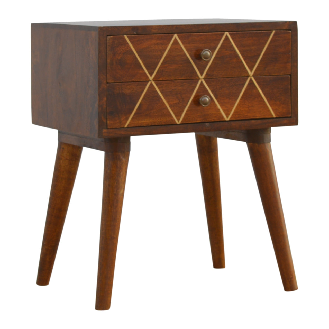 Dark wood bedside table with two drawers featuring diamond inlay pattern and tapered legs