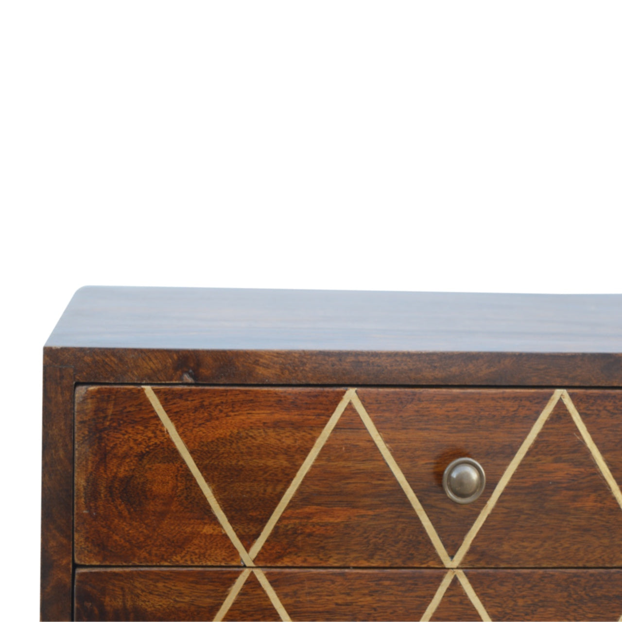 Wooden bedside table with brass inlay geometric design and single drawer pull