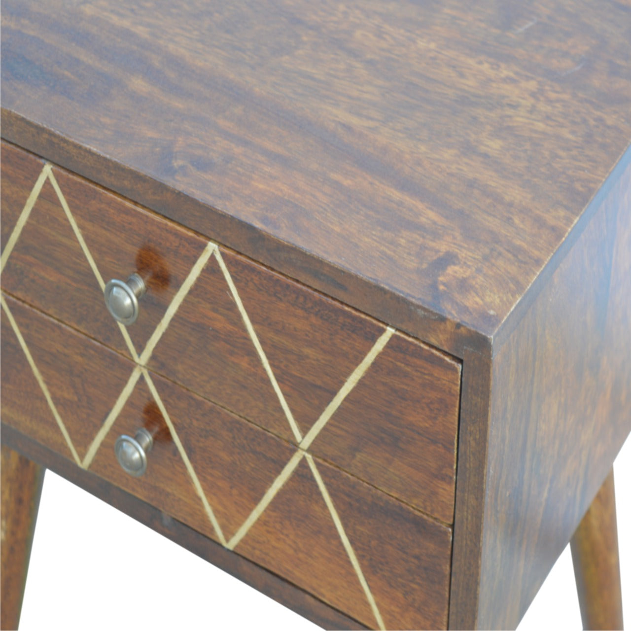 Dark wood bedside table with diamond inlay detail and two drawers
