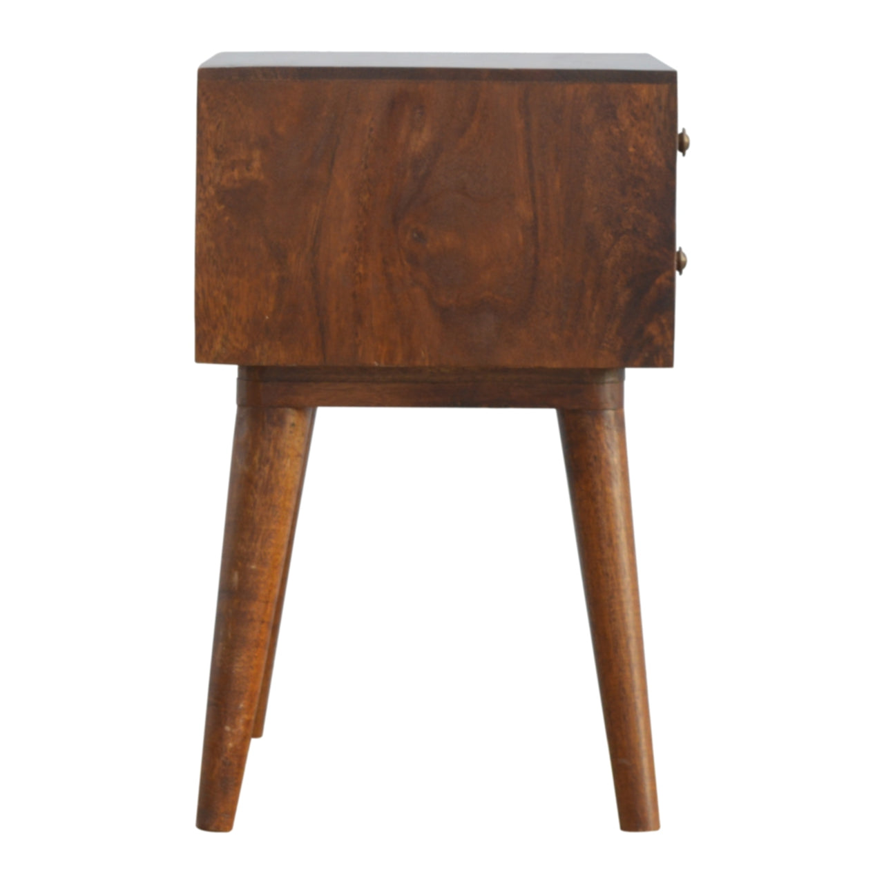 Dark wood bedside table with tapered legs and brass knobs