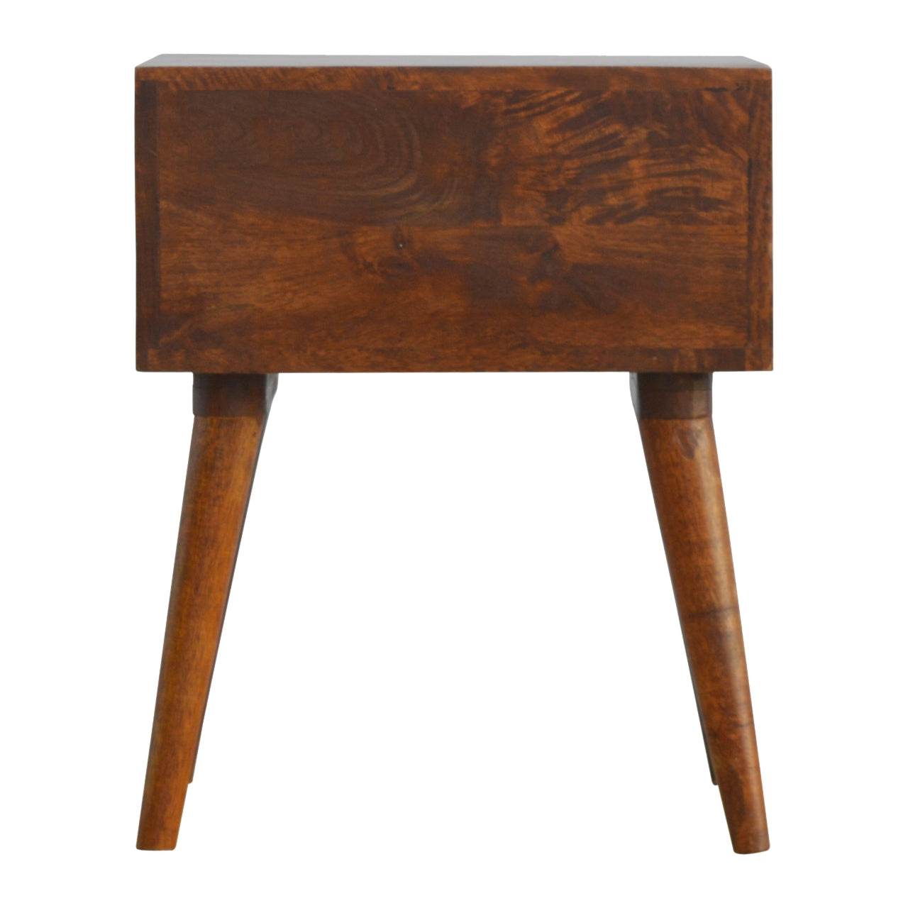 Dark wood bedside table with tapered legs and natural grain detail