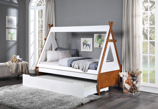 White and wood teepee bed with trundle drawer