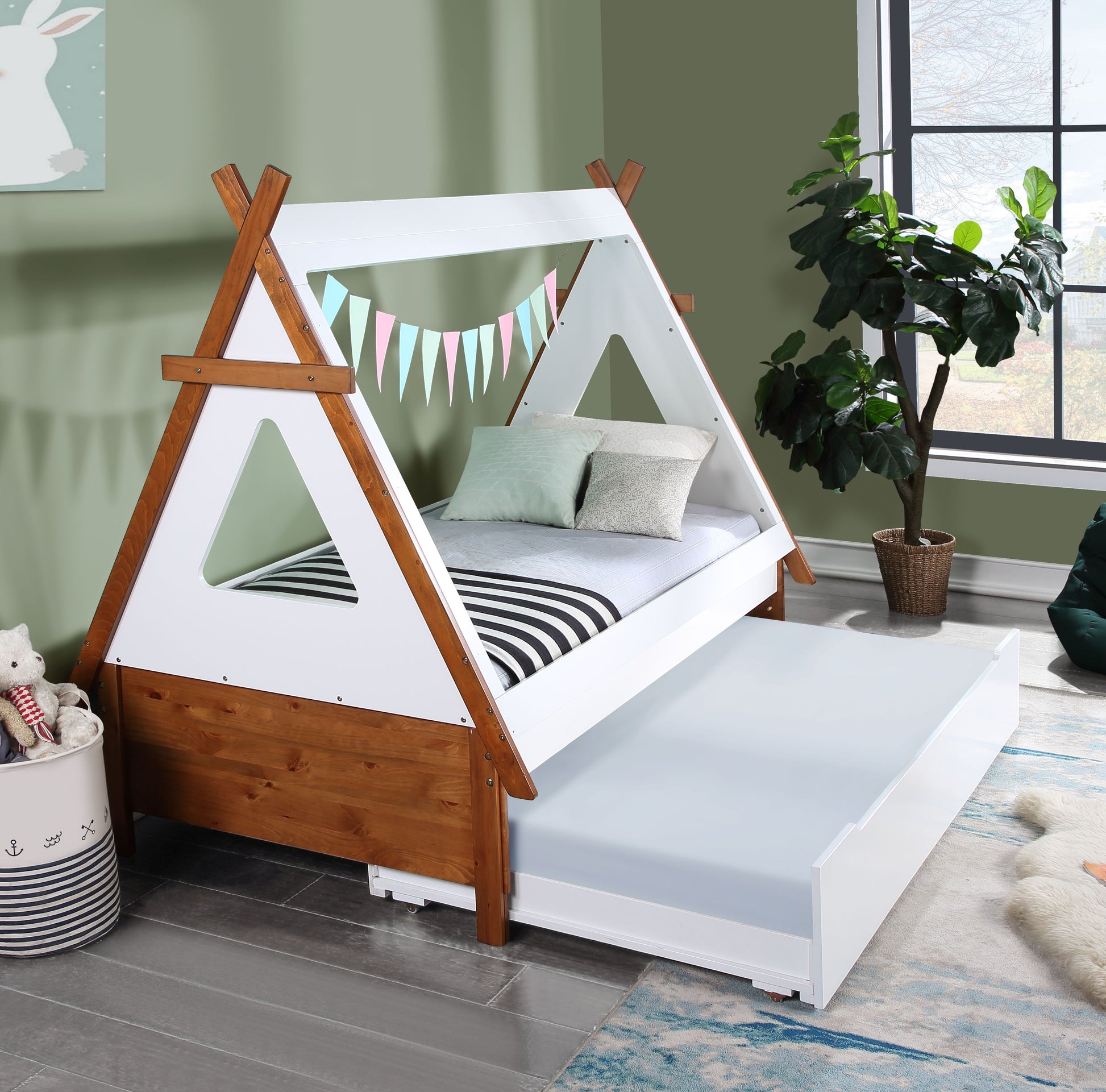White and wood toddler tent bed with pullout trundle drawer for kids room