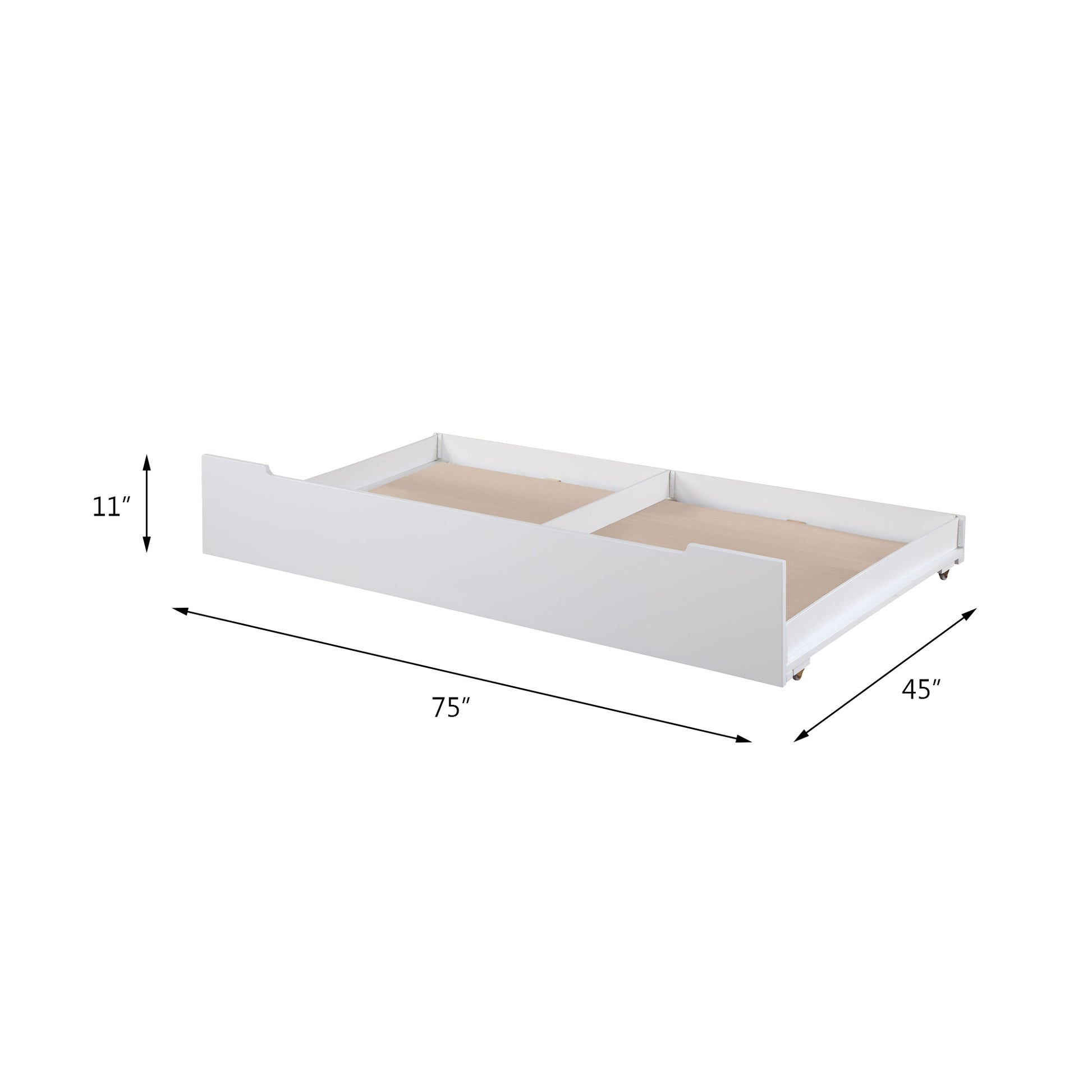 White twin trundle bed drawer unit with caster wheels
