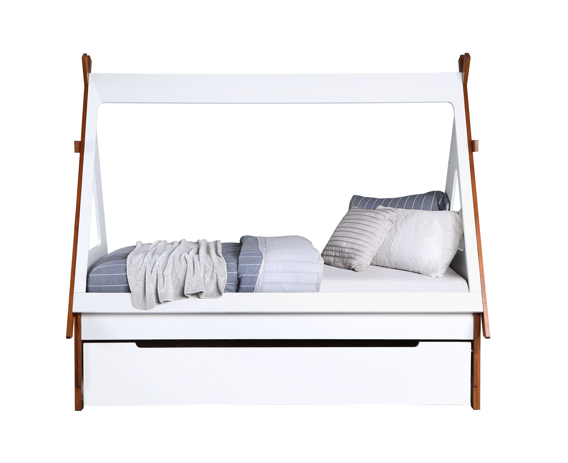 White modern house bed frame with pullout trundle drawer and striped bedding