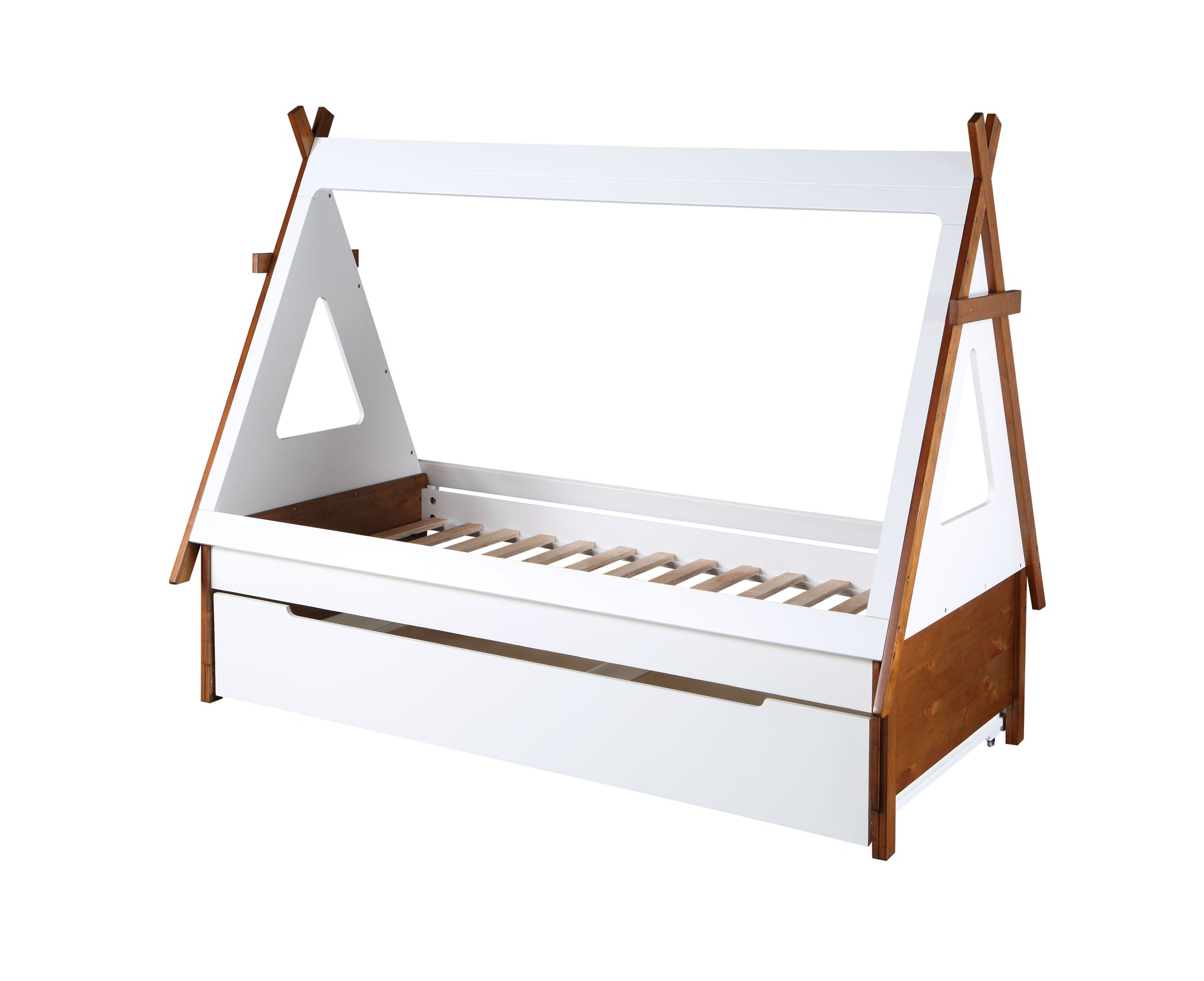 White and wood teepee bed frame for kids with pullout drawer