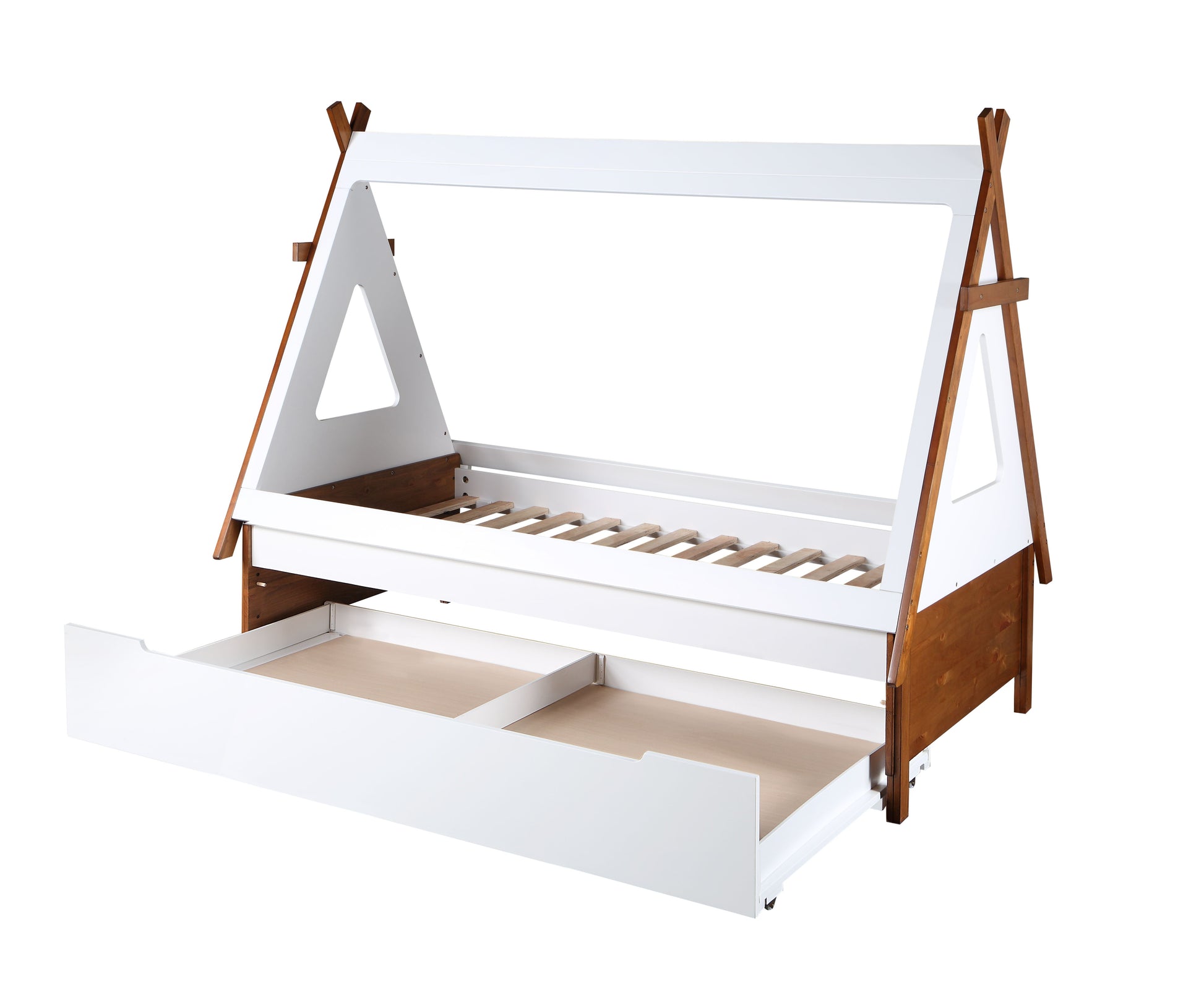 White and wood teepee bed frame with pullout drawers