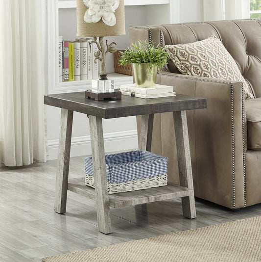 Rustic wood end table with checkered basket on lower shelf