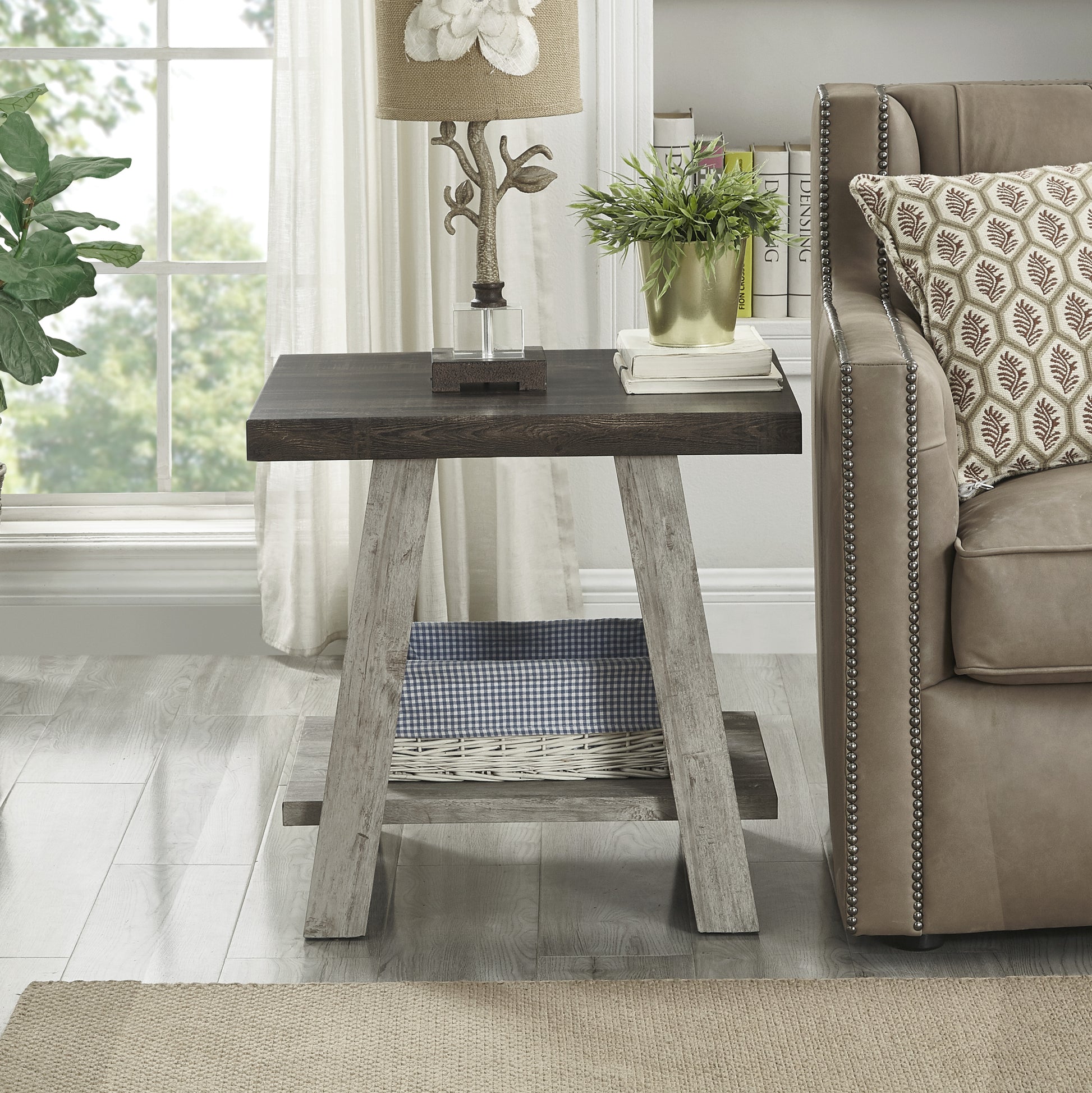 Rustic dark wood end table with weathered gray legs and storage shelf