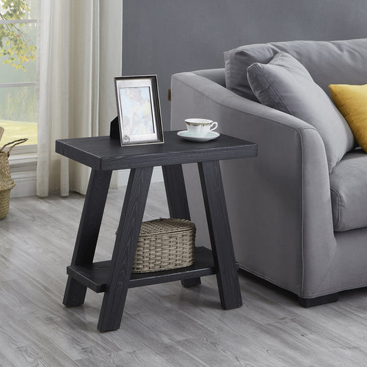 Dark gray wooden end table with open shelf and woven basket storage