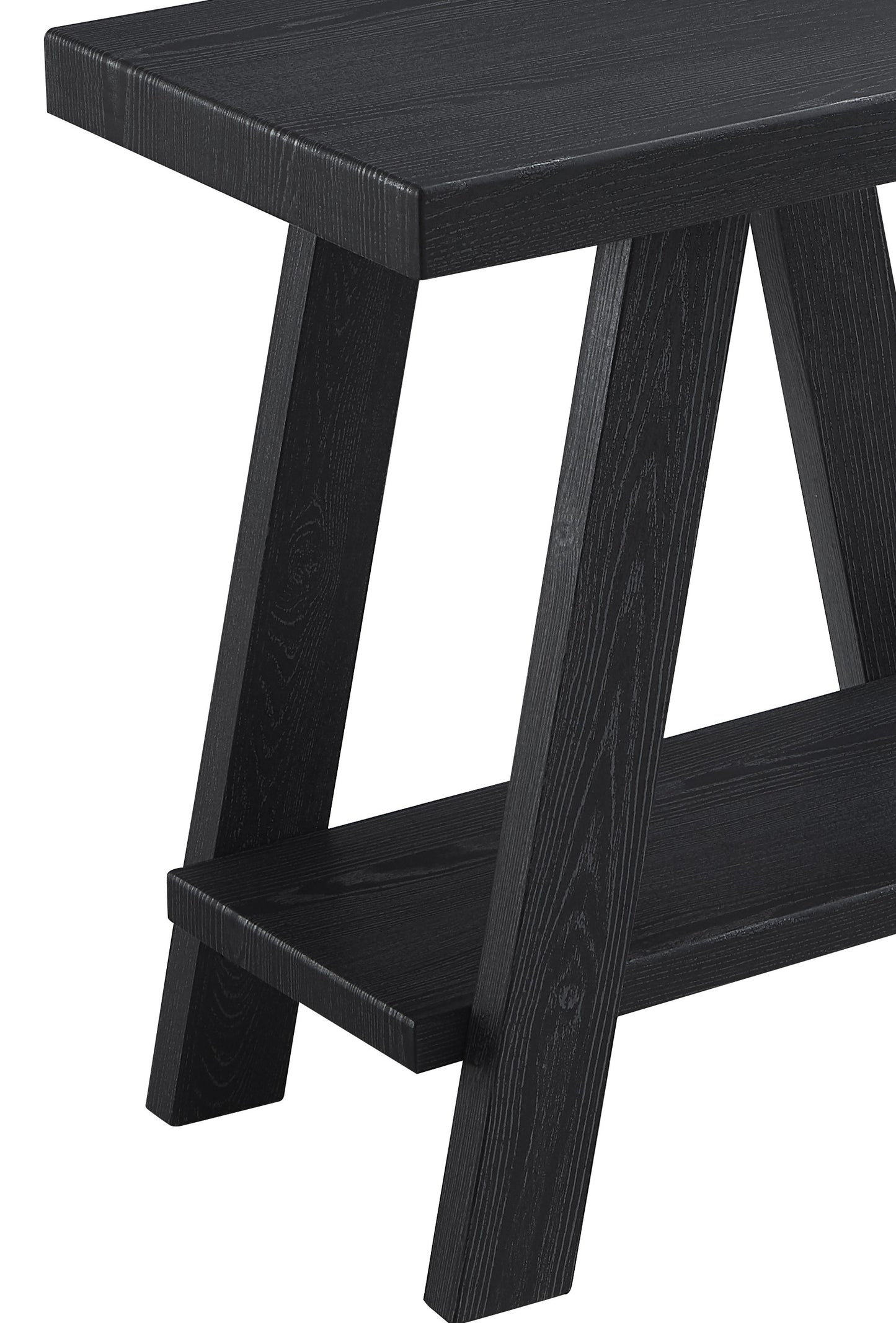 Black wood bench with a lower shelf and angled legs